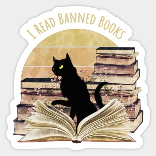 Black Cat reading a banned books, watercolor sunset style, flowers growing from book, cats and books lovers Sticker